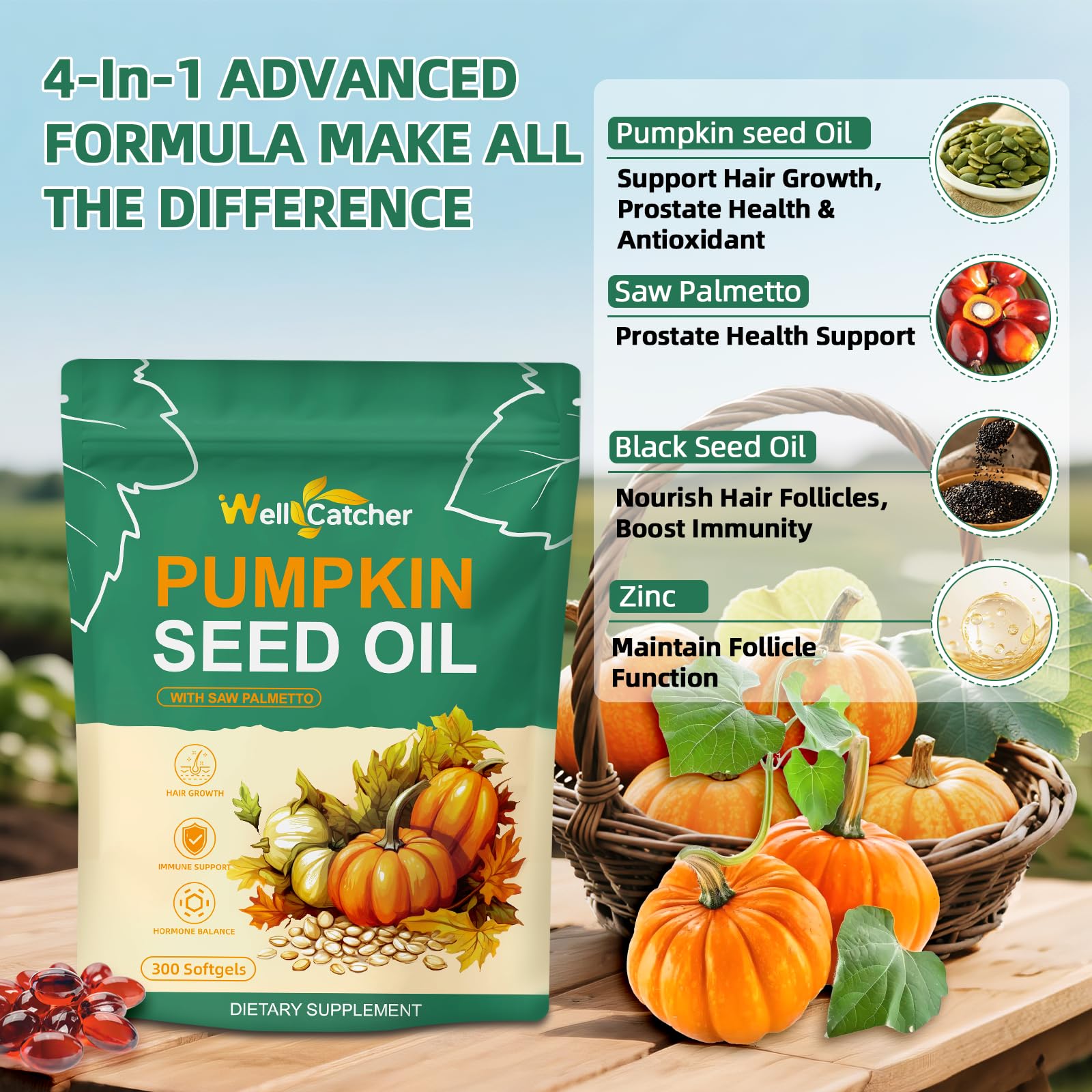 Wellcatcher Pumpkin Seed Oil Softgel Capsules 3000mg bottle with label