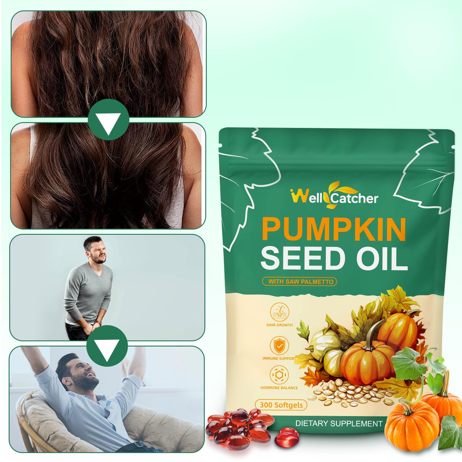 Wellcatcher Pumpkin Seed Oil Softgel Capsules on a wooden table