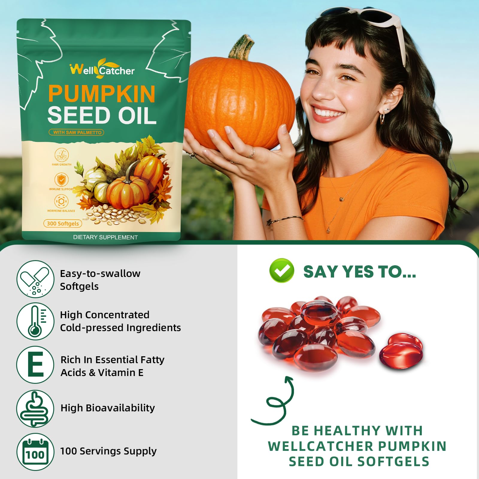 Wellcatcher Pumpkin Seed Oil Softgel Capsules showing dosage information