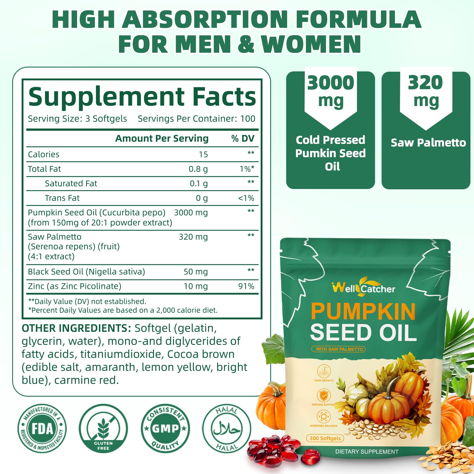 Wellcatcher Pumpkin Seed Oil Softgel Capsules with black seed oil and zinc