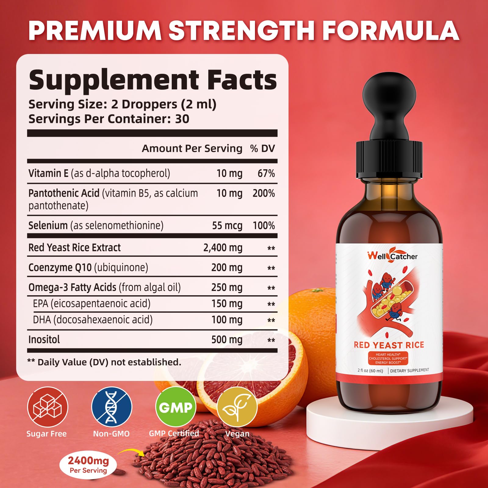 Wellcatcher Red Yeast Rice Liquid Drops label close-up
