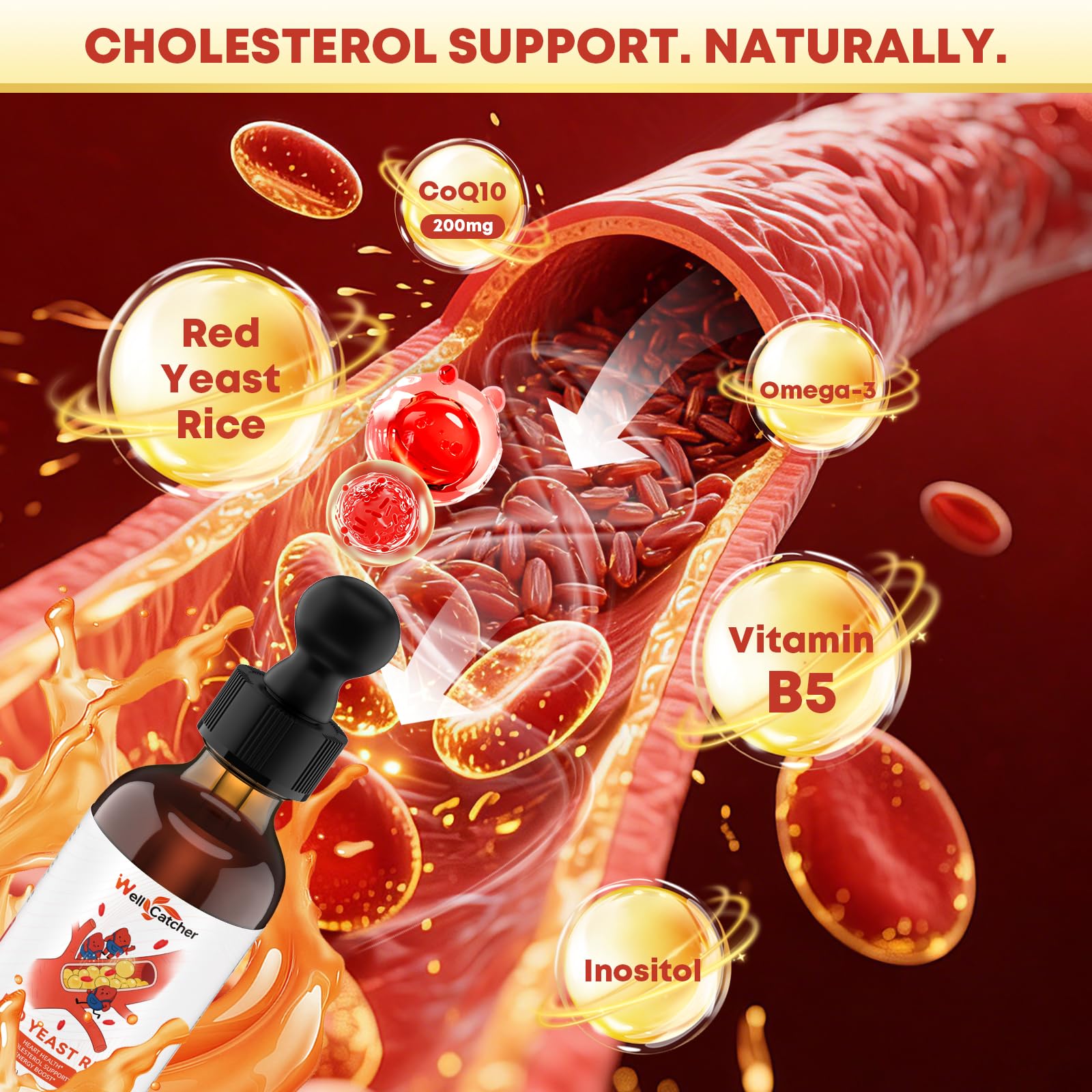 Wellcatcher Red Yeast Rice Liquid Drops with blood orange fruit