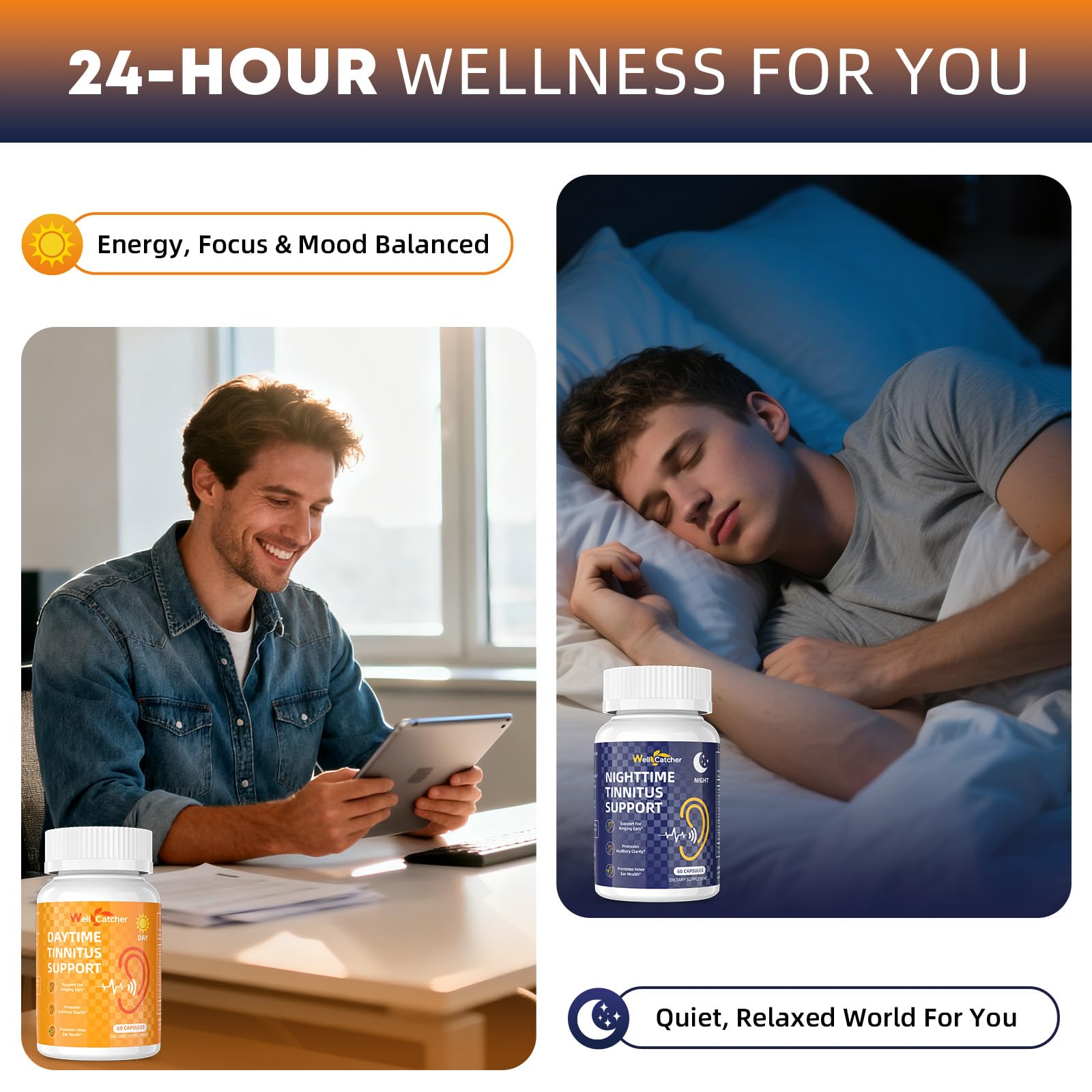 Wellcatcher Tinnitus Support Formula capsules on a wooden surface