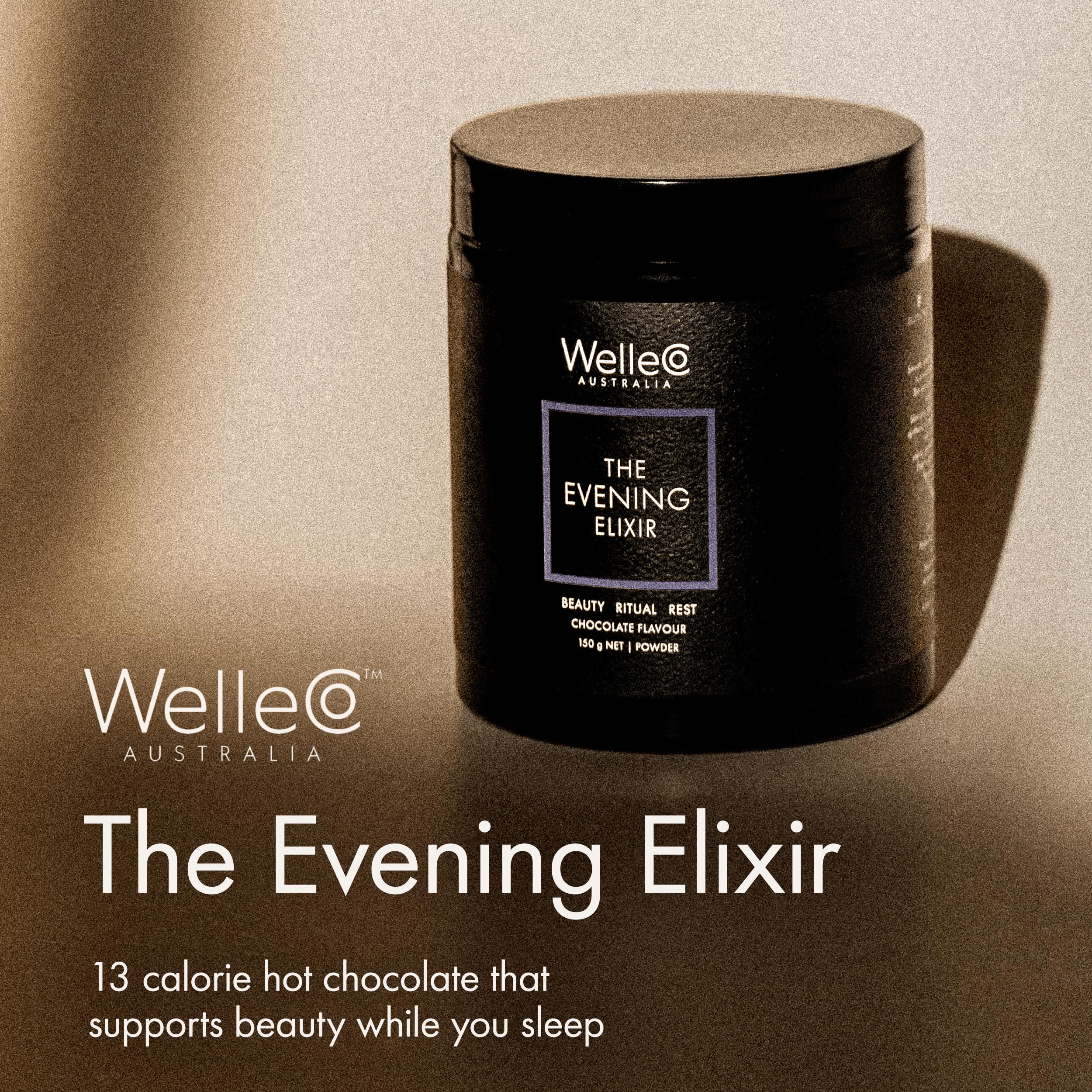 WelleCo Nighttime Beauty Hot Chocolate packaging with a scoop