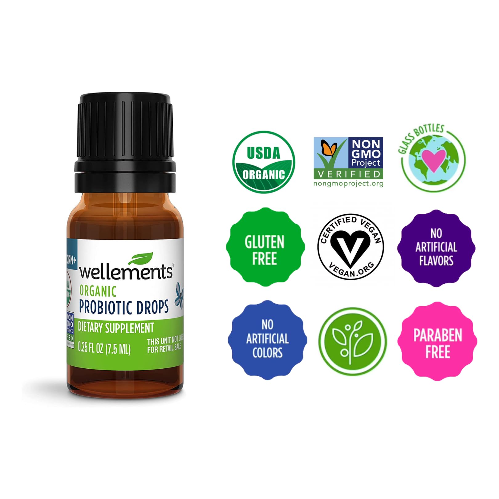 Wellements Organic Probiotic Drops with baby bottle