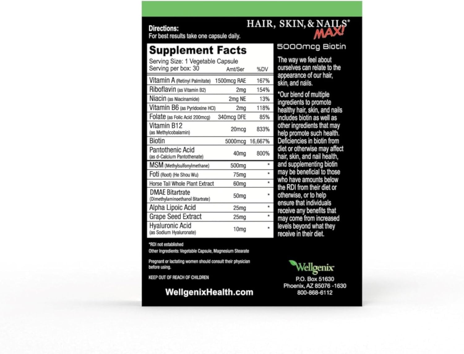Wellgenix Purvana MAX Biotin 5000mcg supplement on a wooden table