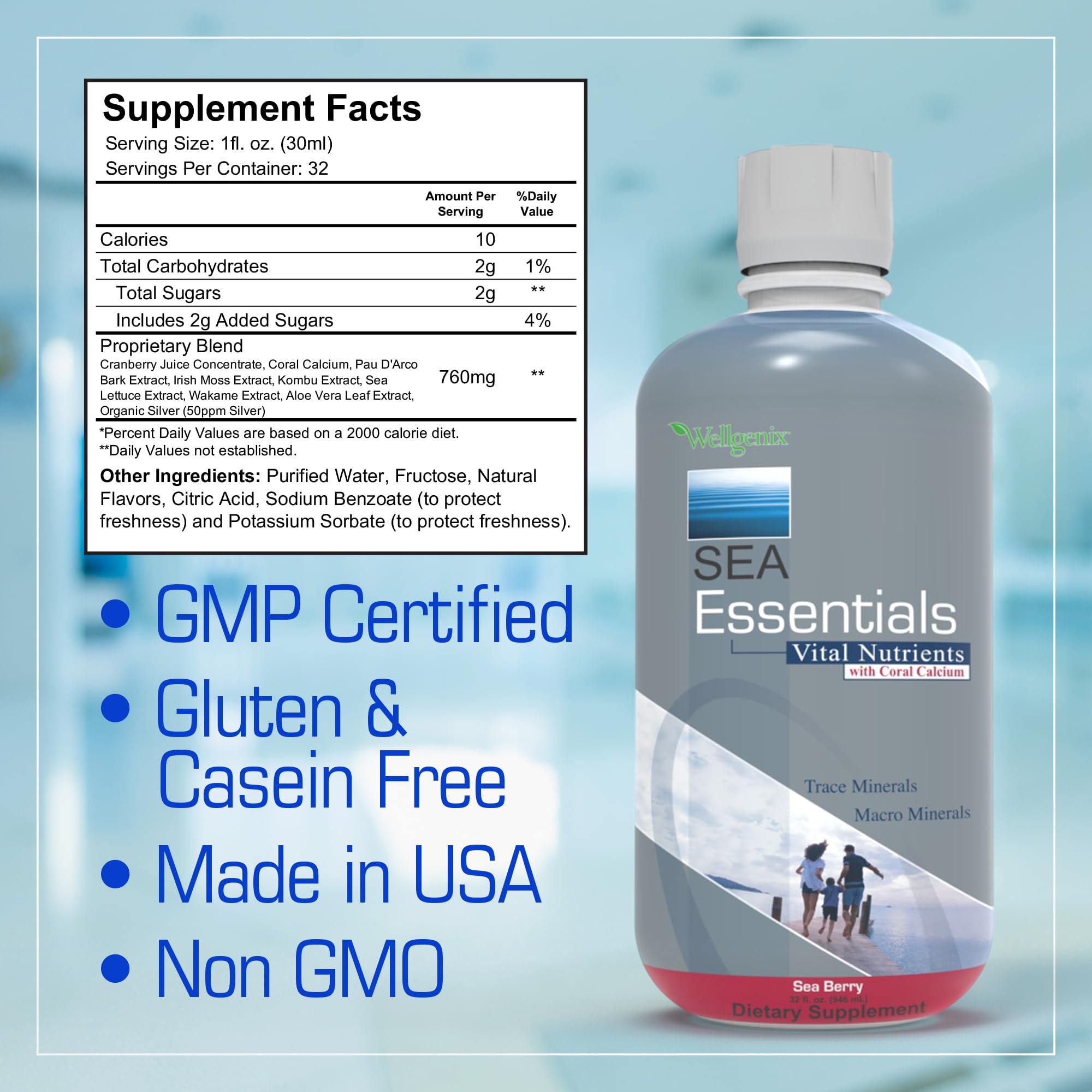 Wellgenix Sea Essentials Liquid Mineral Supplement 32 fl oz on kitchen counter