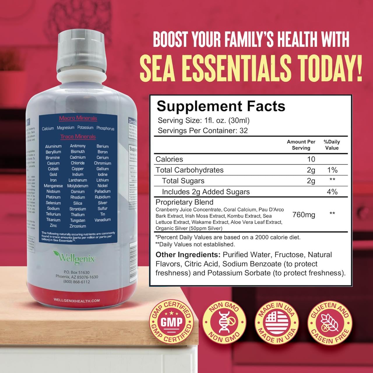 Wellgenix Sea Essentials Liquid Mineral Supplement 32 fl oz with glass of water