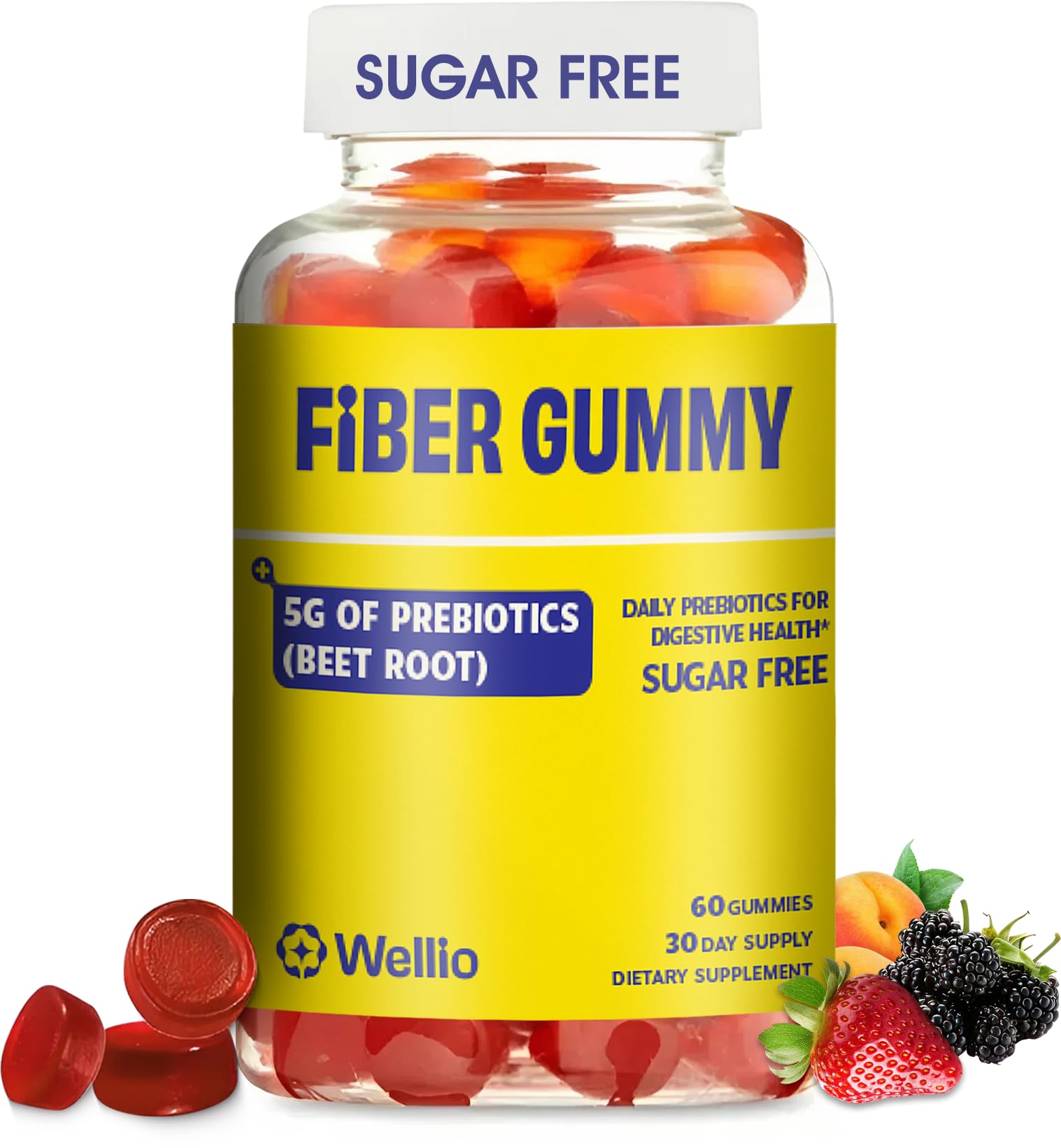Wellio Daily Fibre Gummies front view with packaging