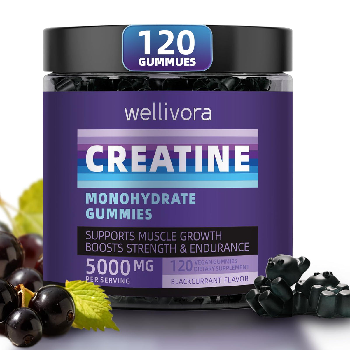 WELLIVORA Creatine Gummies bottle front view with blackcurrant flavour