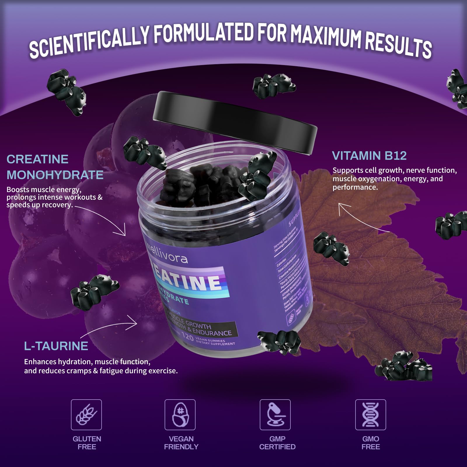 WELLIVORA Creatine Gummies in a hand showing chewy texture