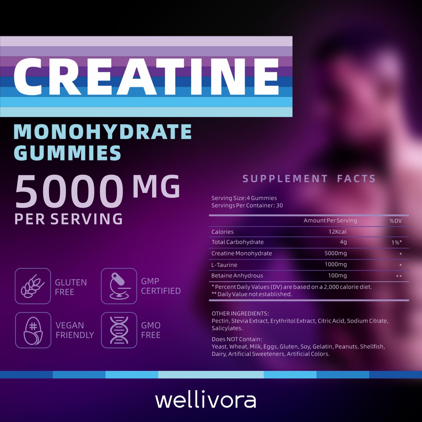 WELLIVORA Creatine Gummies nutritional information label