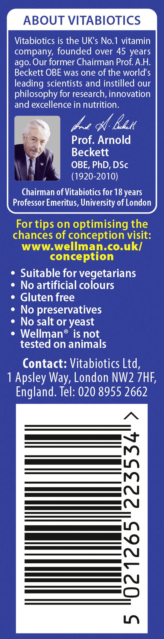 Wellman Conception Tablets for Men back view with ingredient list