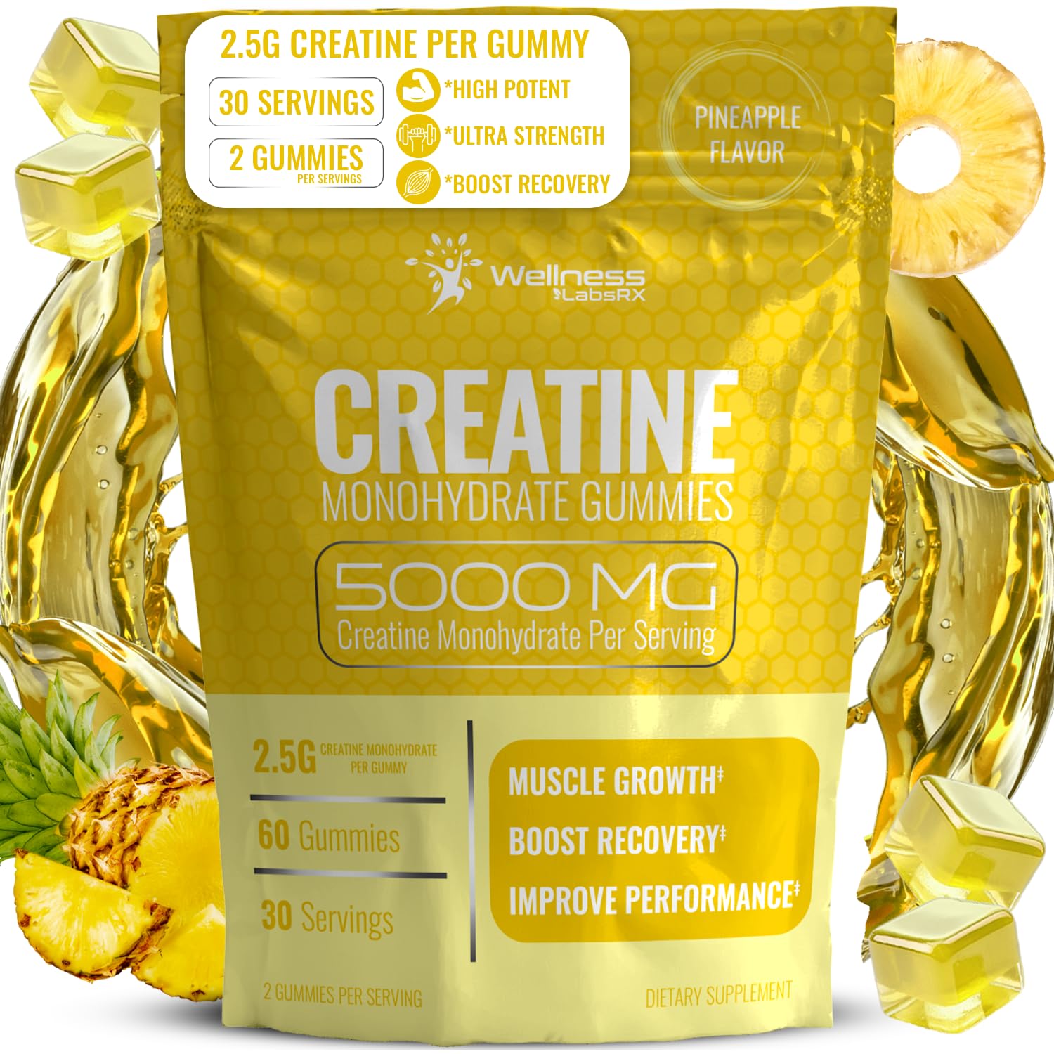 WELLNESS LABSRX Creatine Gummies front view with pineapple flavour