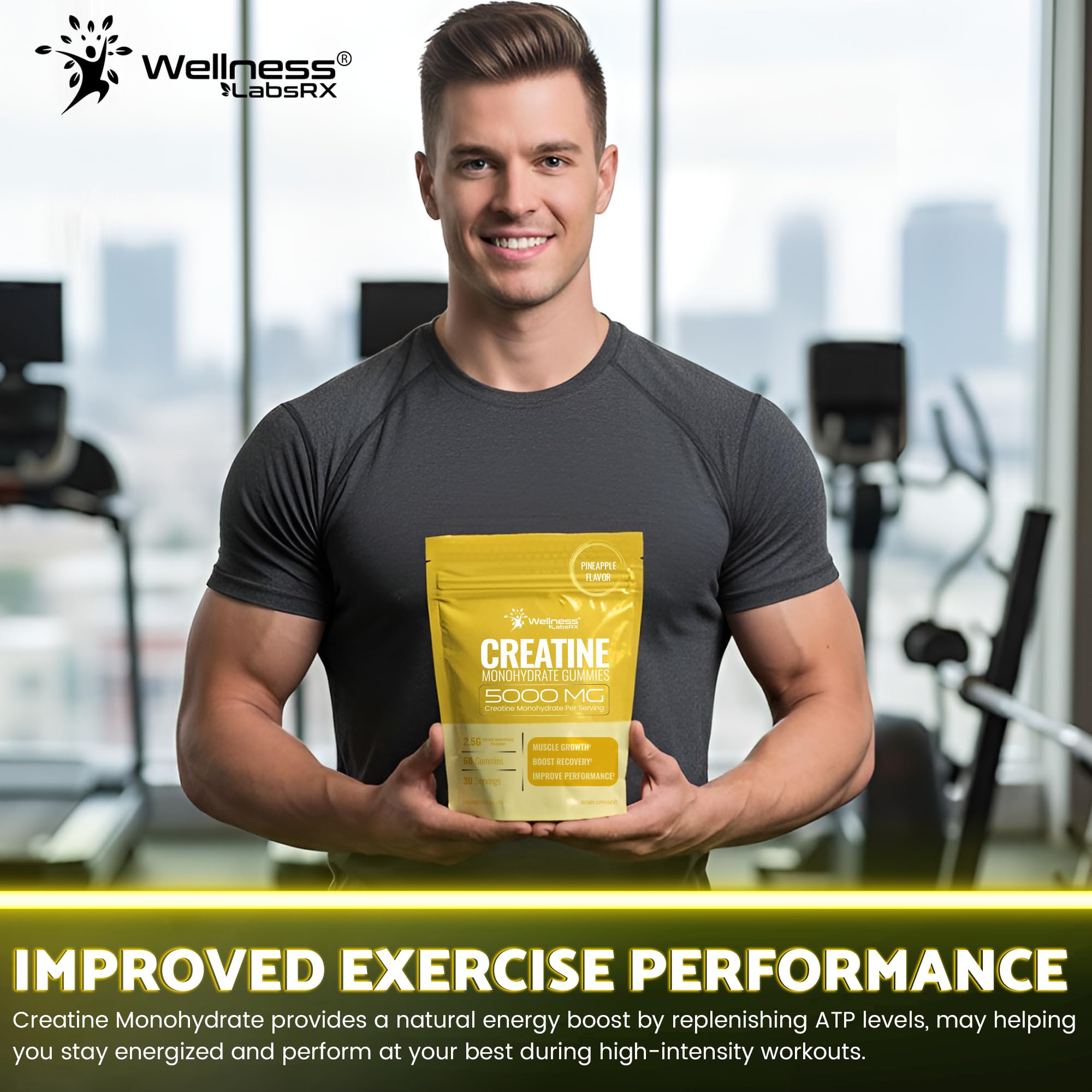 WELLNESS LABSRX Creatine Gummies with fitness accessories