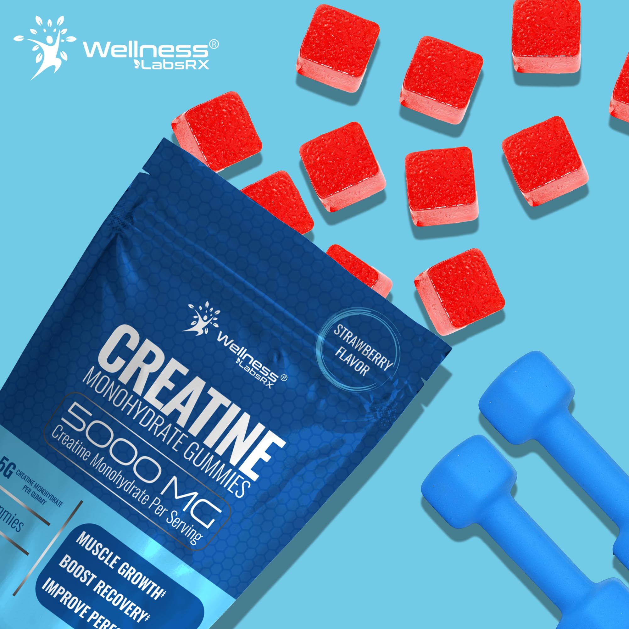 WELLNESS LABSRX Creatine Gummies with gym equipment