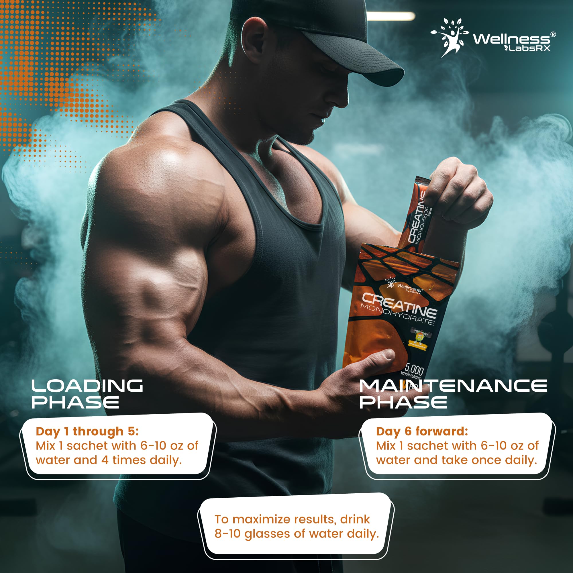 WELLNESS LABSRX Creatine Monohydrate Powder 300g Mango Surge in a gym setting