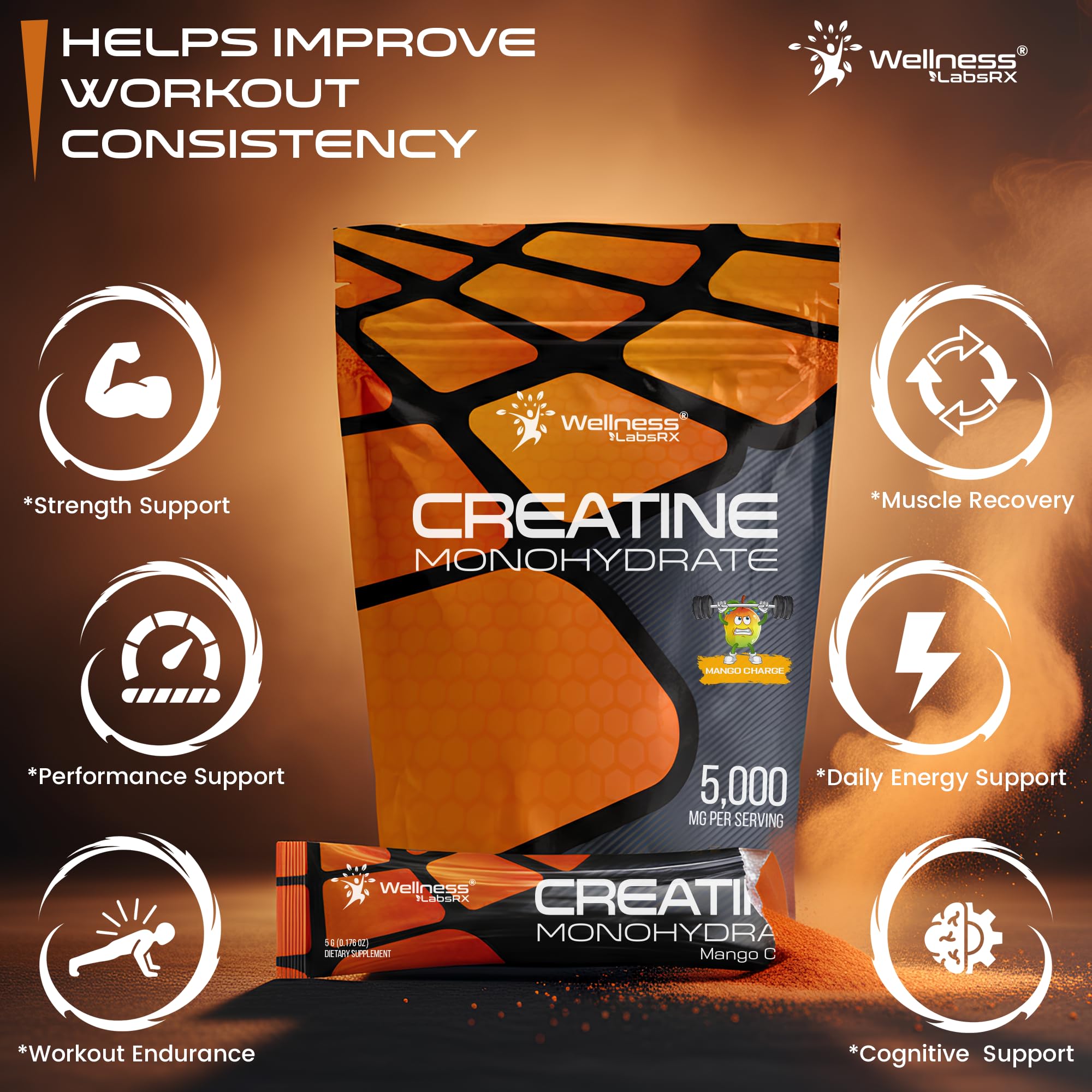 WELLNESS LABSRX Creatine Monohydrate Powder 300g Mango Surge with a scoop