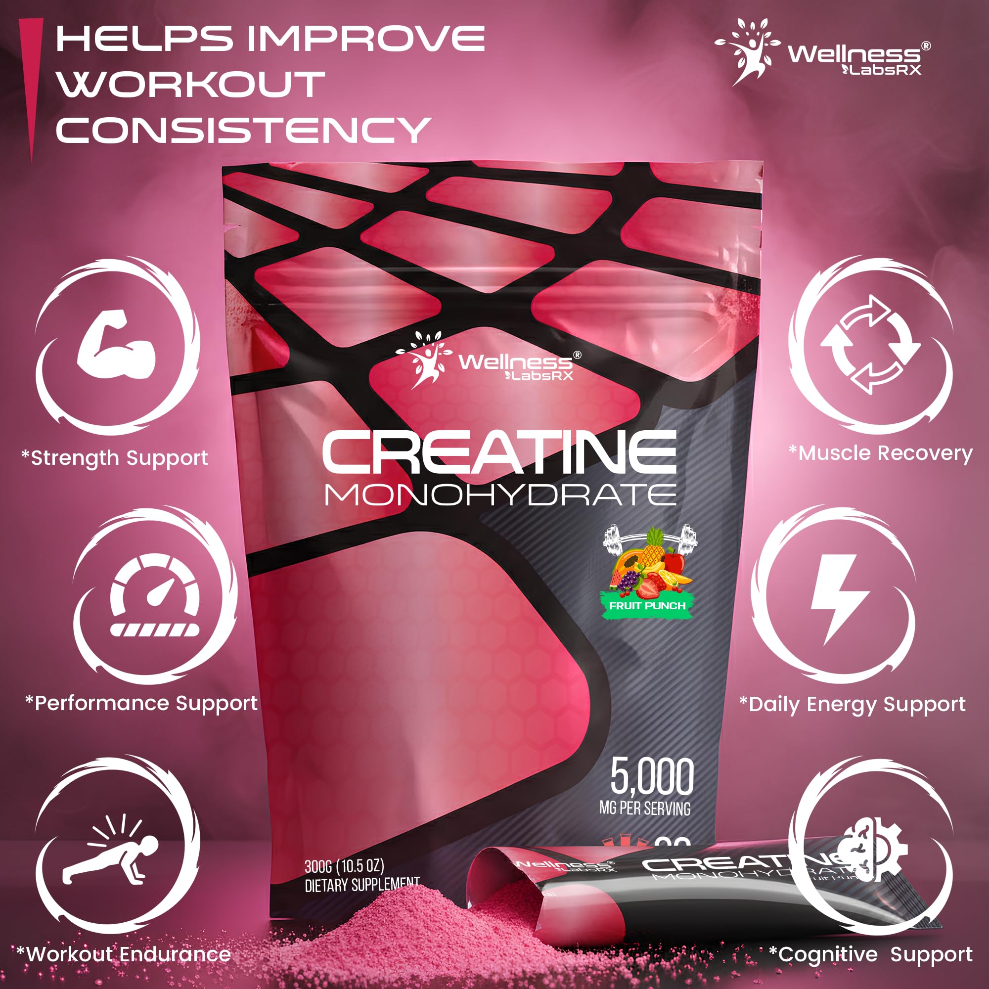 WELLNESS LABSRX Creatine Monohydrate Powder 300g mixed in a glass