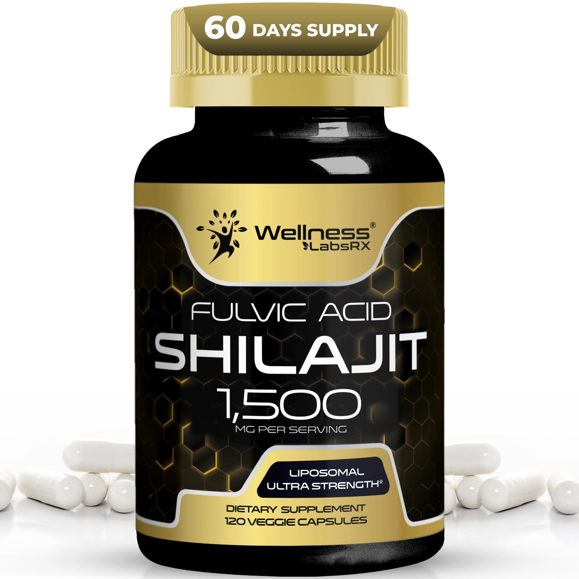 WELLNESS LABSRX Himalayan Shilajit Capsules bottle front view with 60 capsules