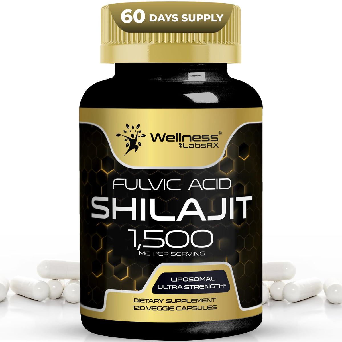 WELLNESS LABSRX Himalayan Shilajit Capsules bottle front view with 60 capsules