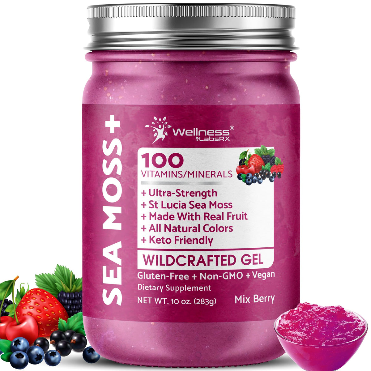 WELLNESS LABSRX Irish Sea Moss Gel 283g front view with mix berry flavour