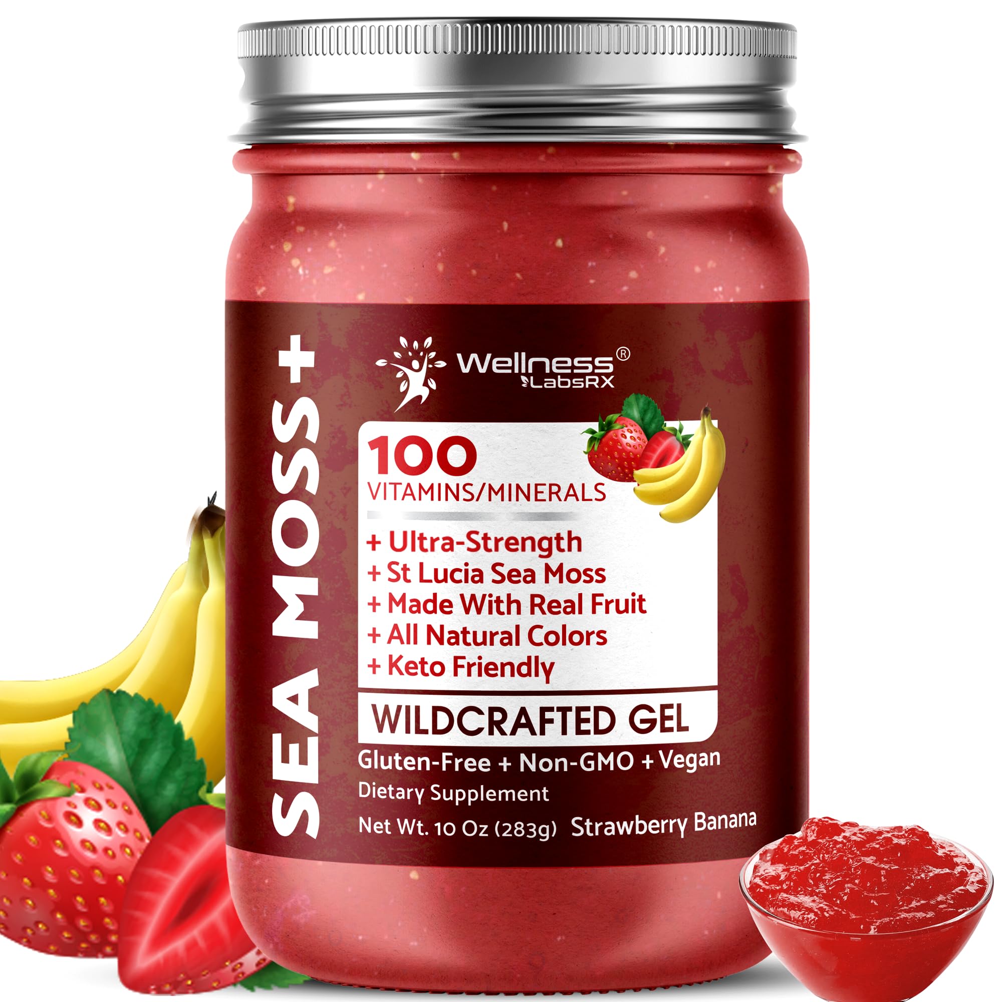 WELLNESS LABSRX Irish Sea Moss Gel front view with strawberry banana flavour