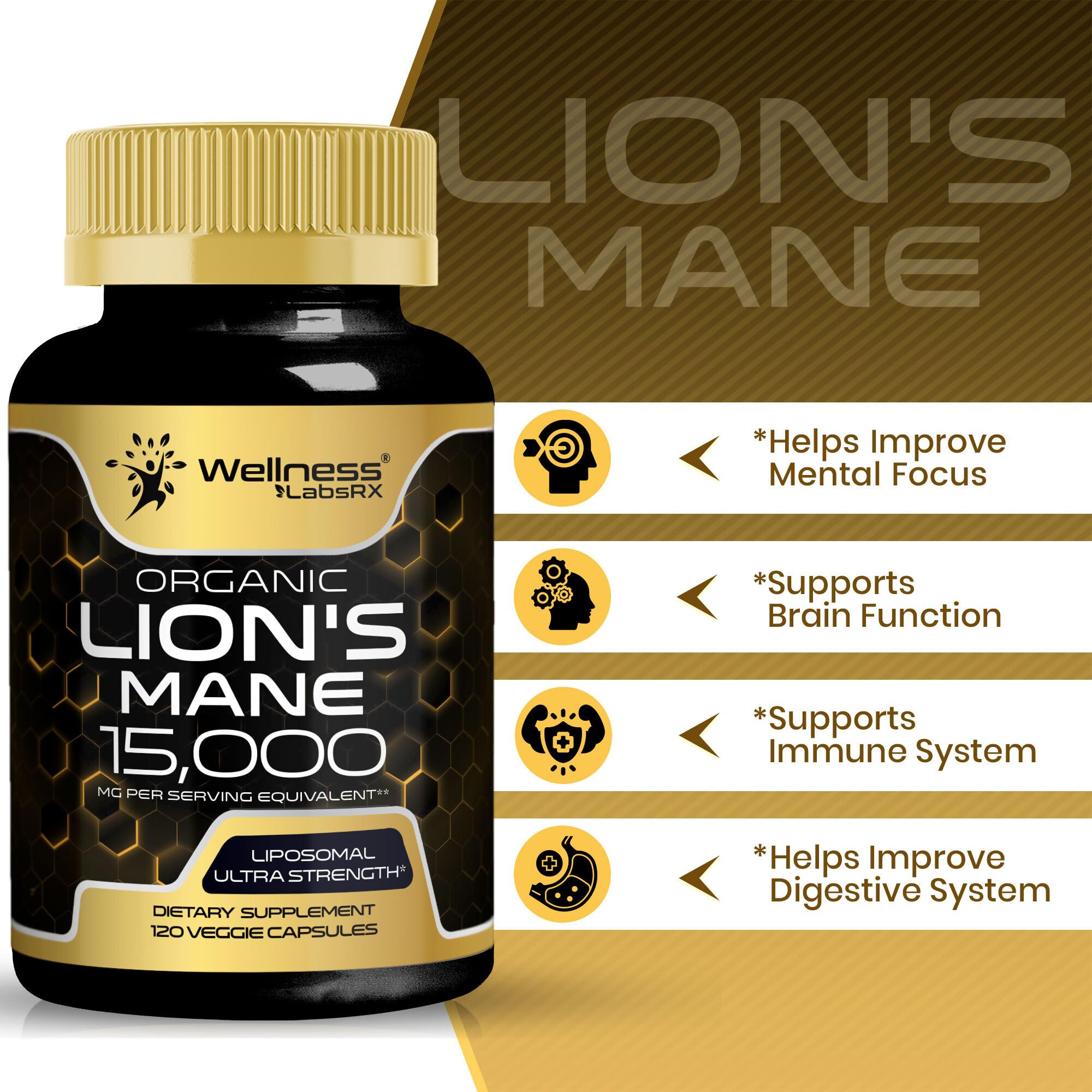 WELLNESS LABSRX Lion's Mane Mushroom Capsules on a wooden table