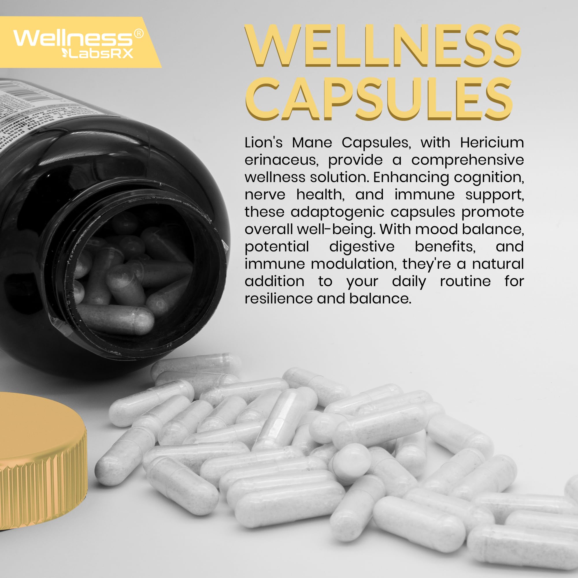 WELLNESS LABSRX Lion's Mane Mushroom Capsules with a glass of water