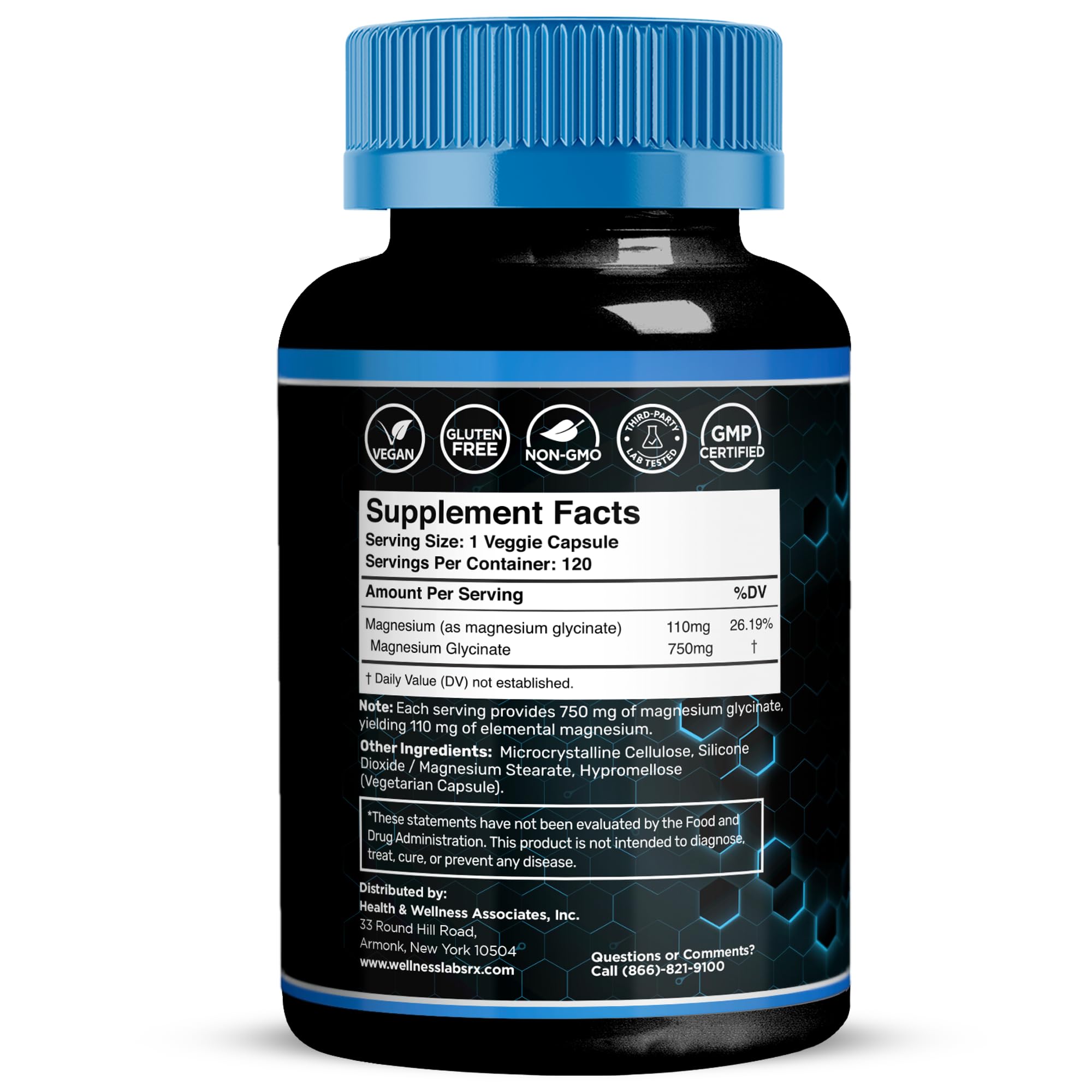 WELLNESS LABSRX Magnesium Glycinate Capsules 200g side view