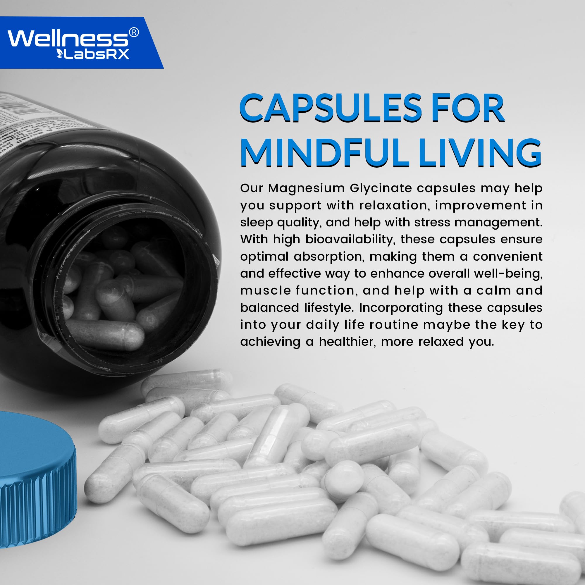 WELLNESS LABSRX Magnesium Glycinate Capsules on a table