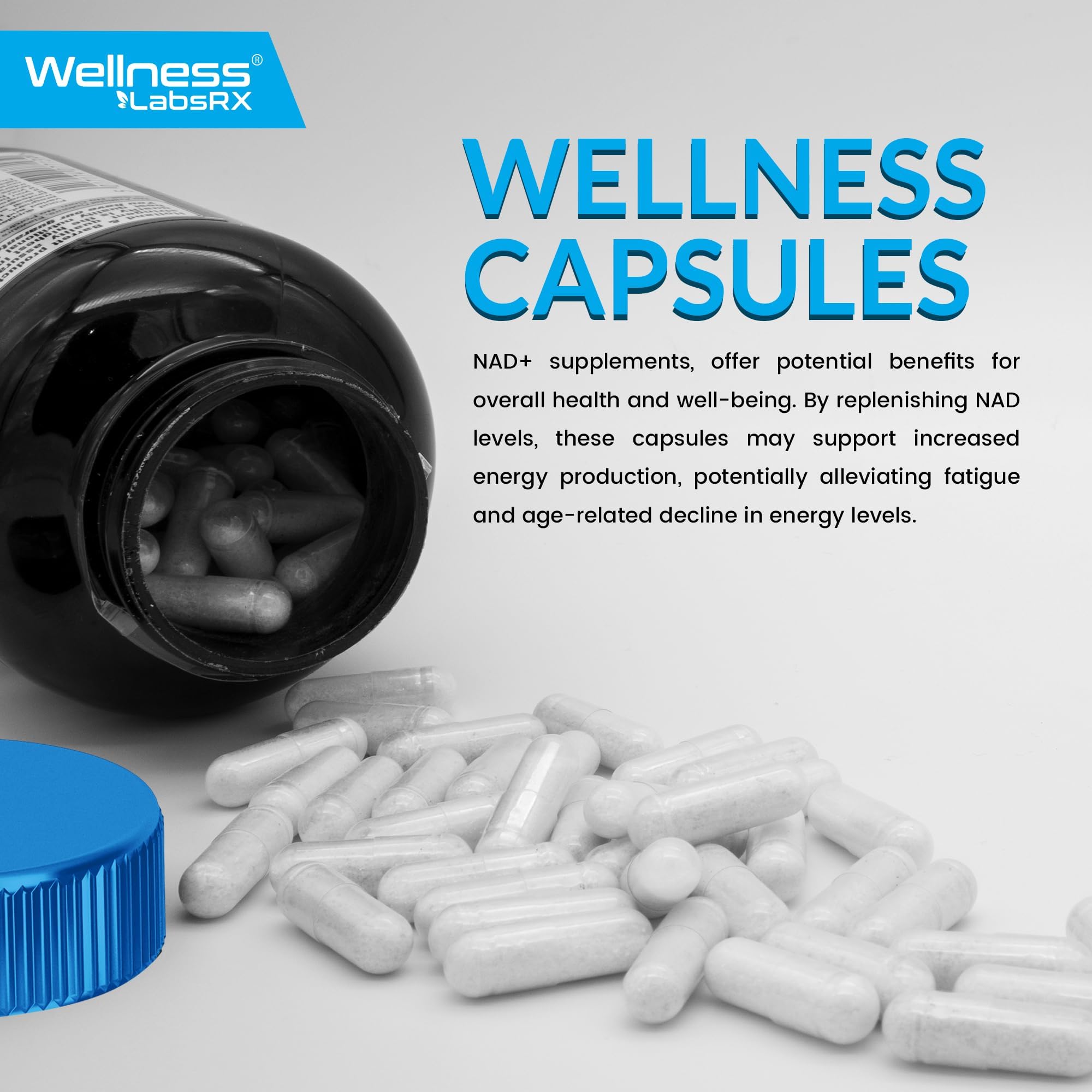 WELLNESS LABSRX NAD+ Capsules on a wooden table