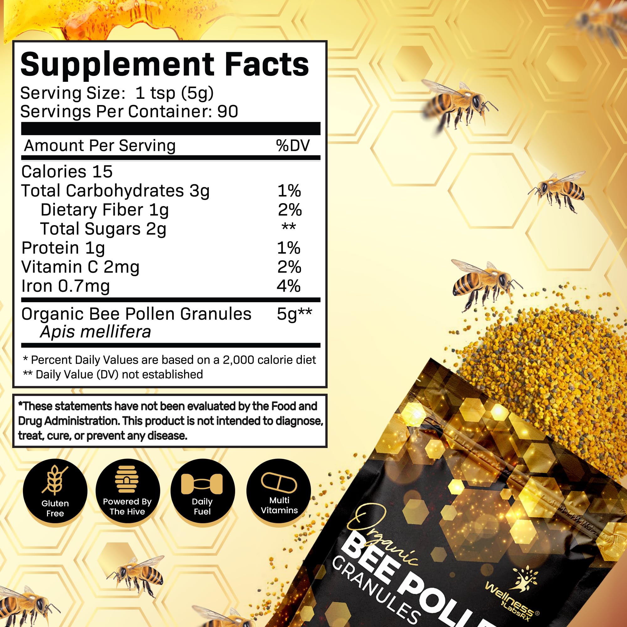 WELLNESS LABSRX Organic Bee Pollen granules close-up