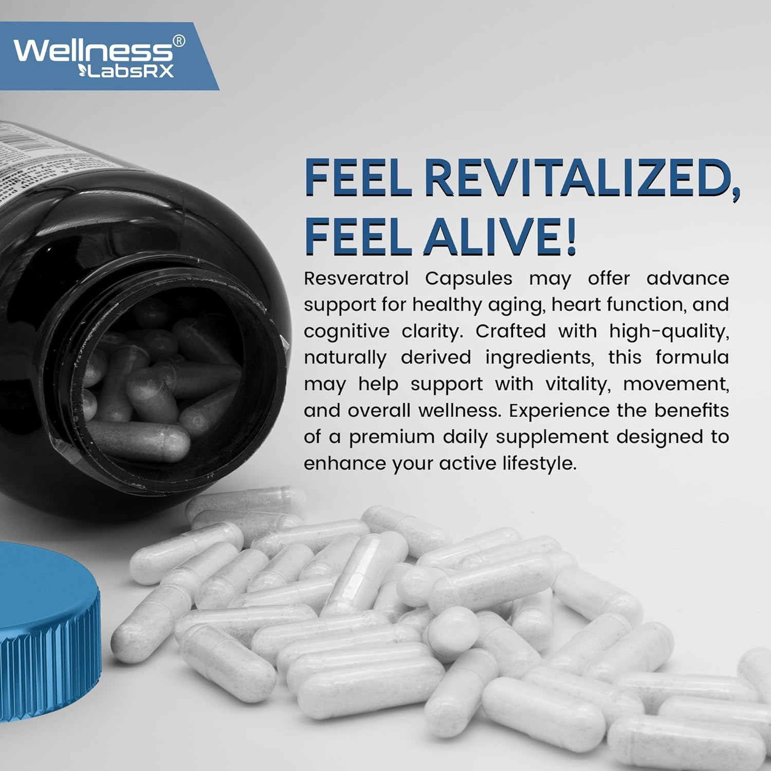 WELLNESS LABSRX Resveratrol Capsules 1000mg with a measuring spoon