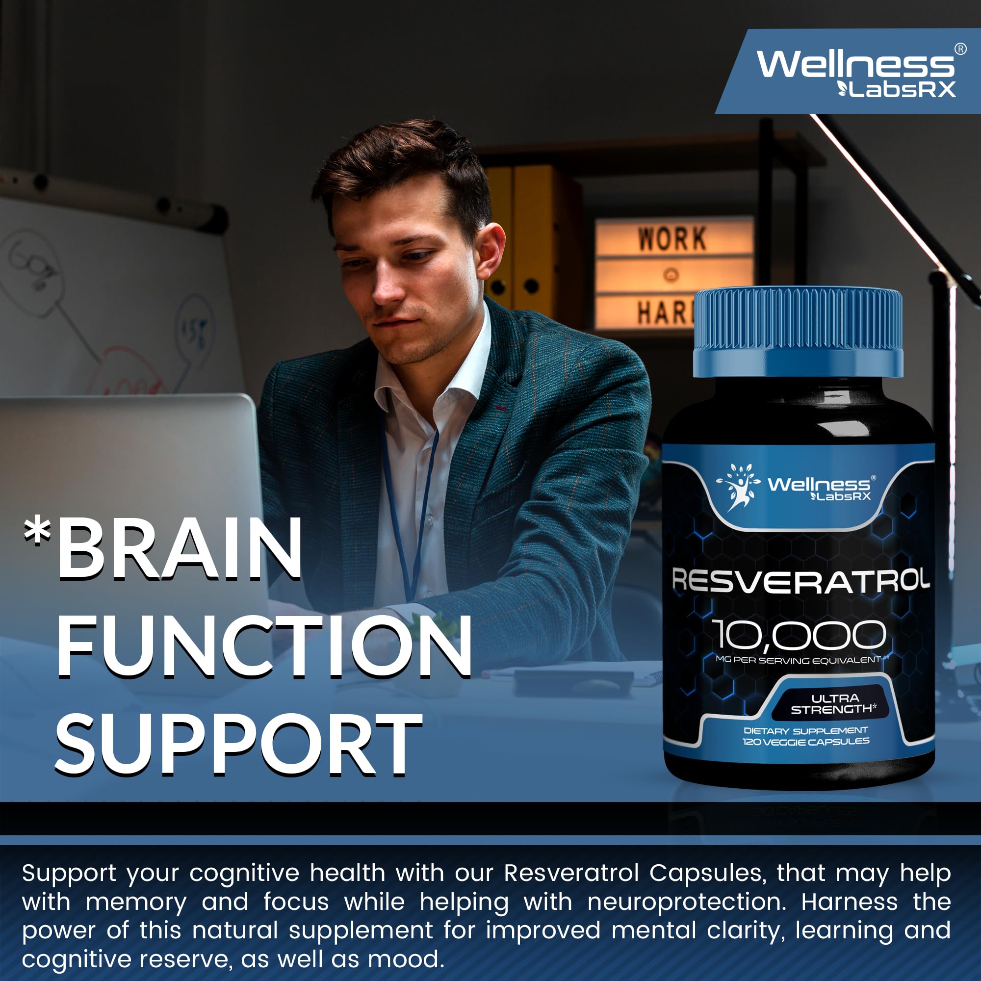 WELLNESS LABSRX Resveratrol Capsules displayed with other supplements