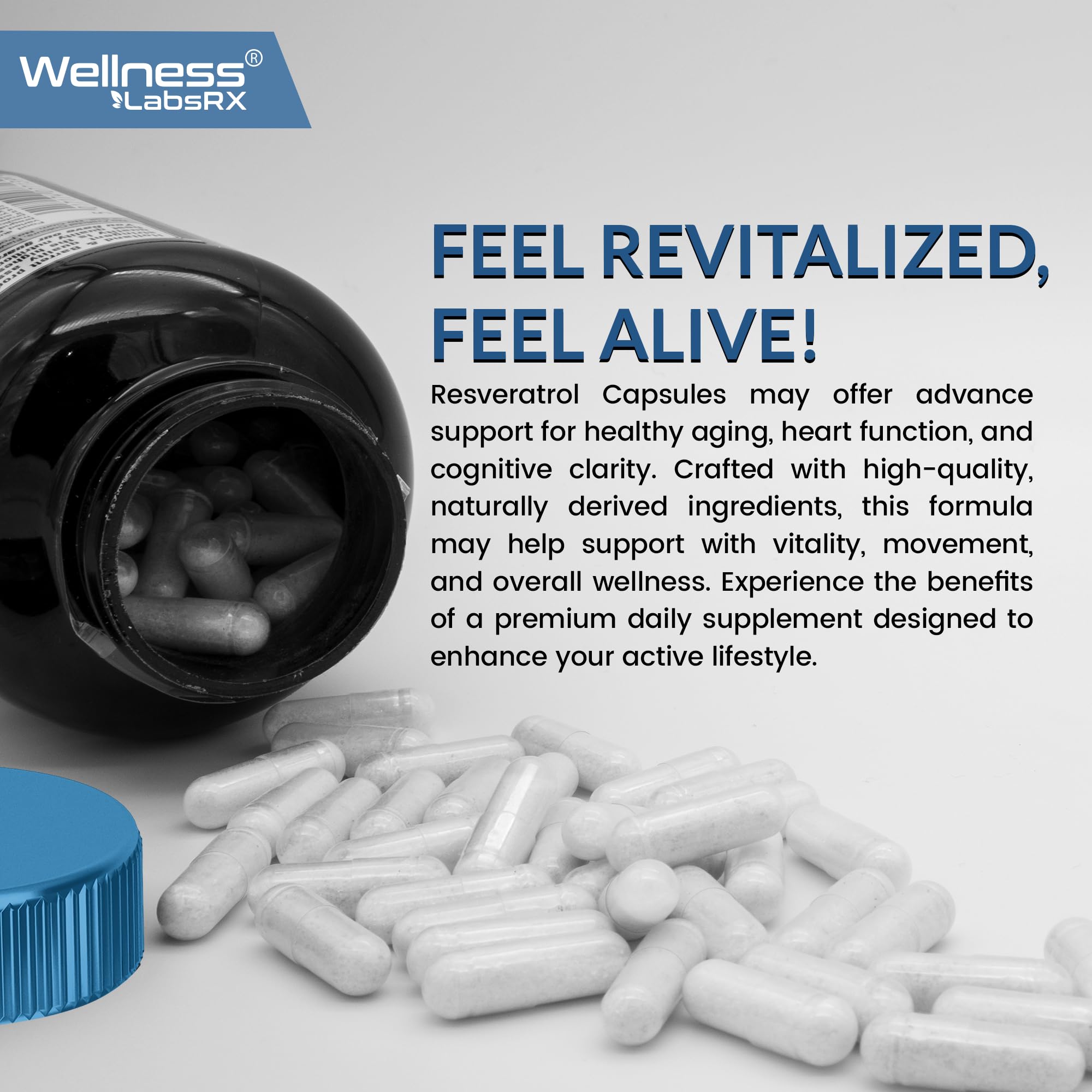 WELLNESS LABSRX Resveratrol Capsules on a wooden surface