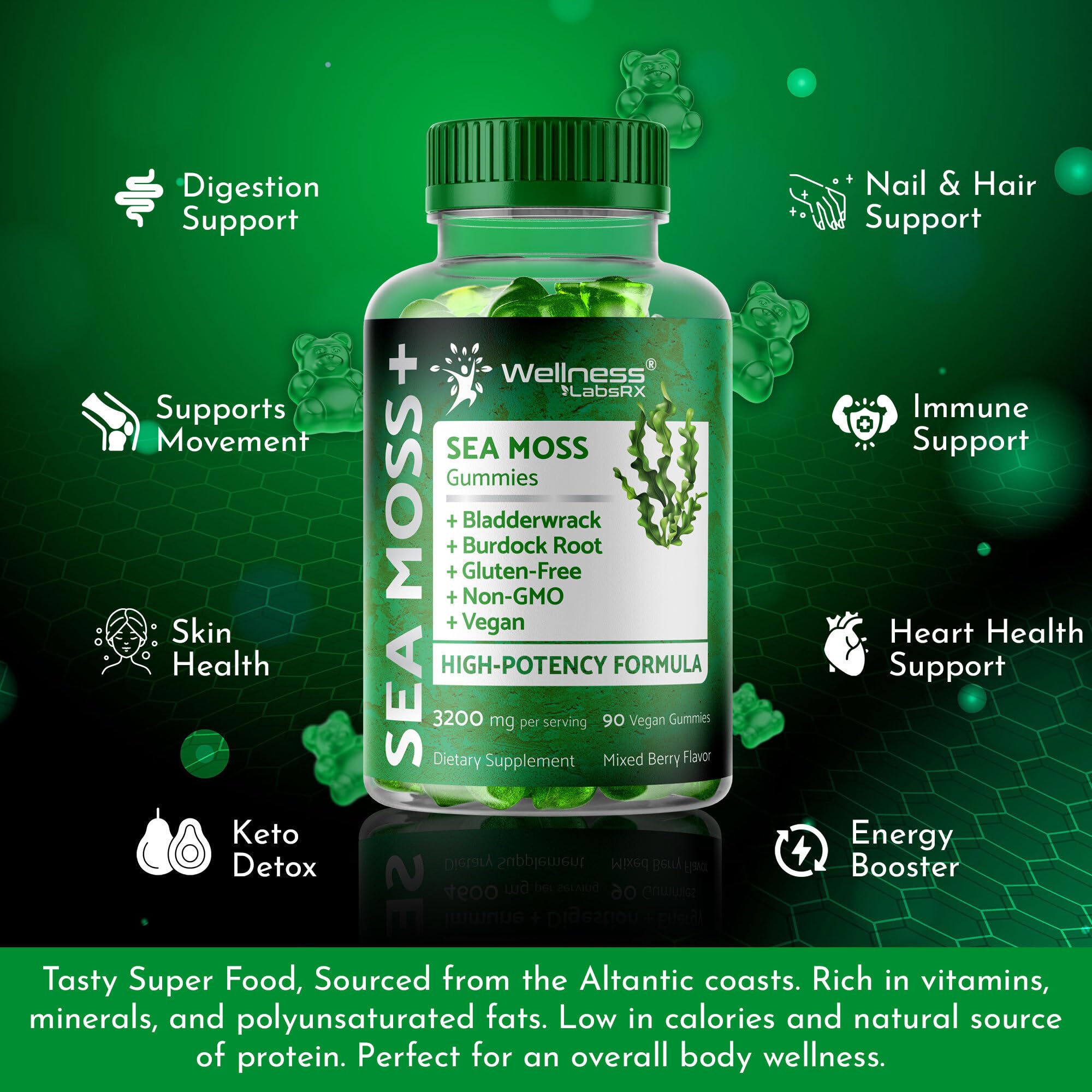 WELLNESS LABSRX Sea Moss Gummies 400g with a spoonful of gummies