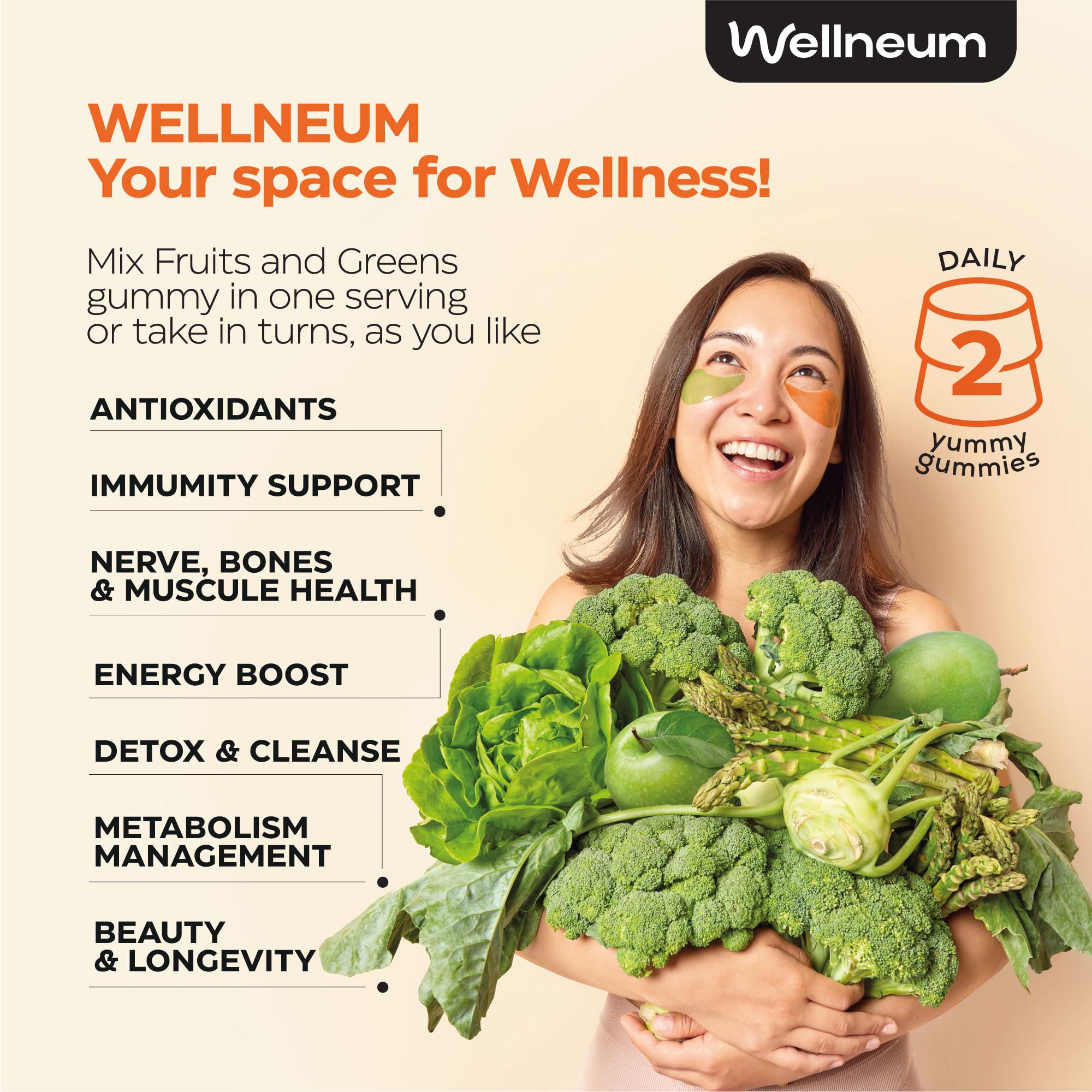 Wellneum Daily Greens & Fruits Gummies bottle side view