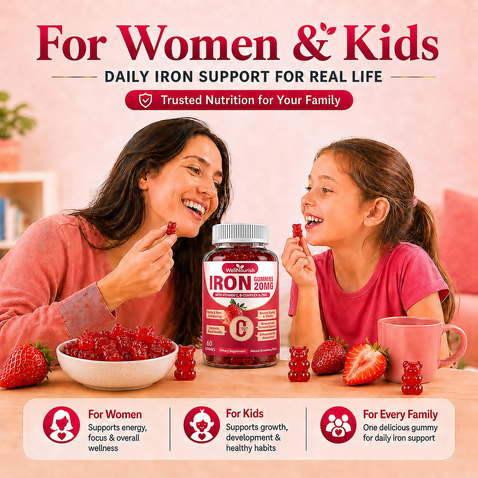Wellnourish Strawberry Iron Gummies on a table