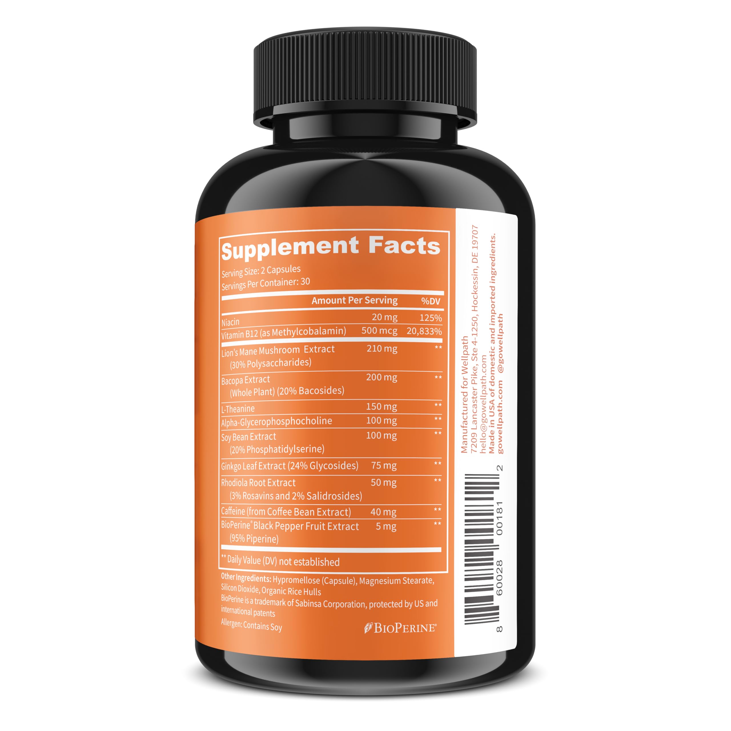 WellPath MIND Natural Brain Support Supplement 60 Capsules side view