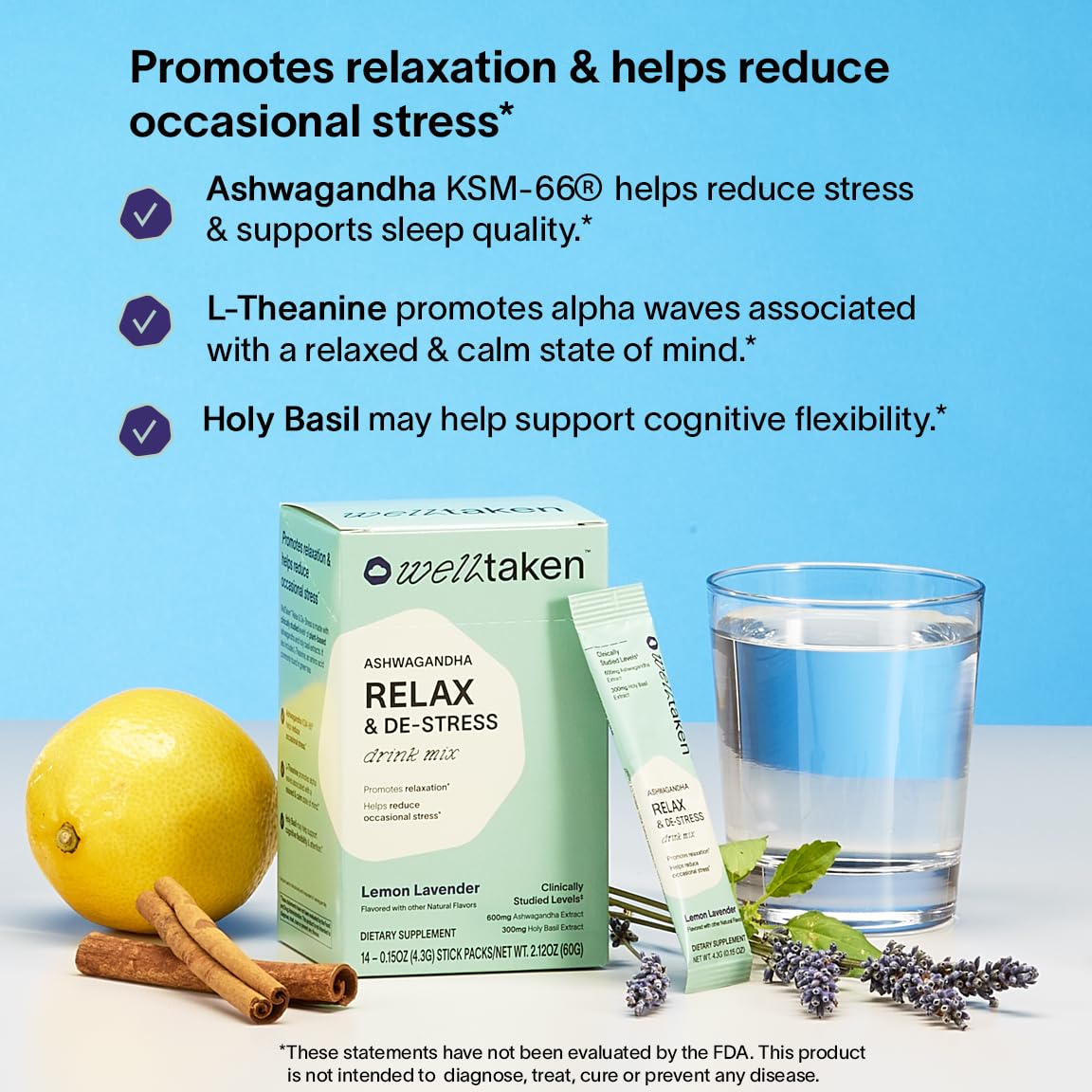 WellTaken daily wellness & De-Stress Drink Mix stick pack with lemon lavender flavour