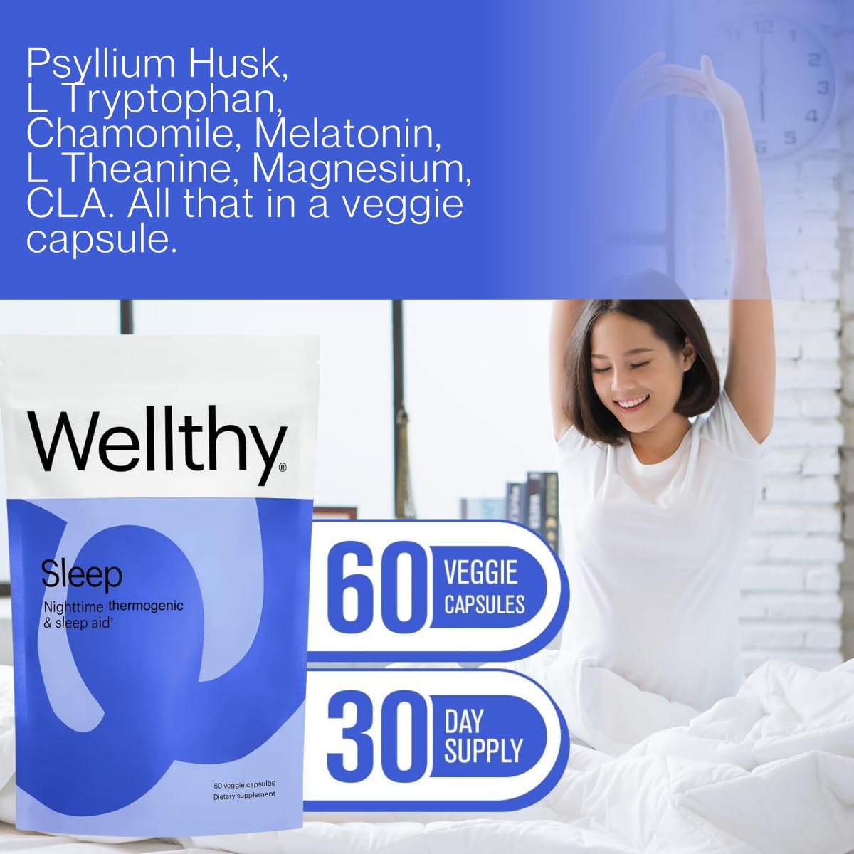Wellthy Sleep Nighttime Thermogenic Capsules displayed with natural ingredients