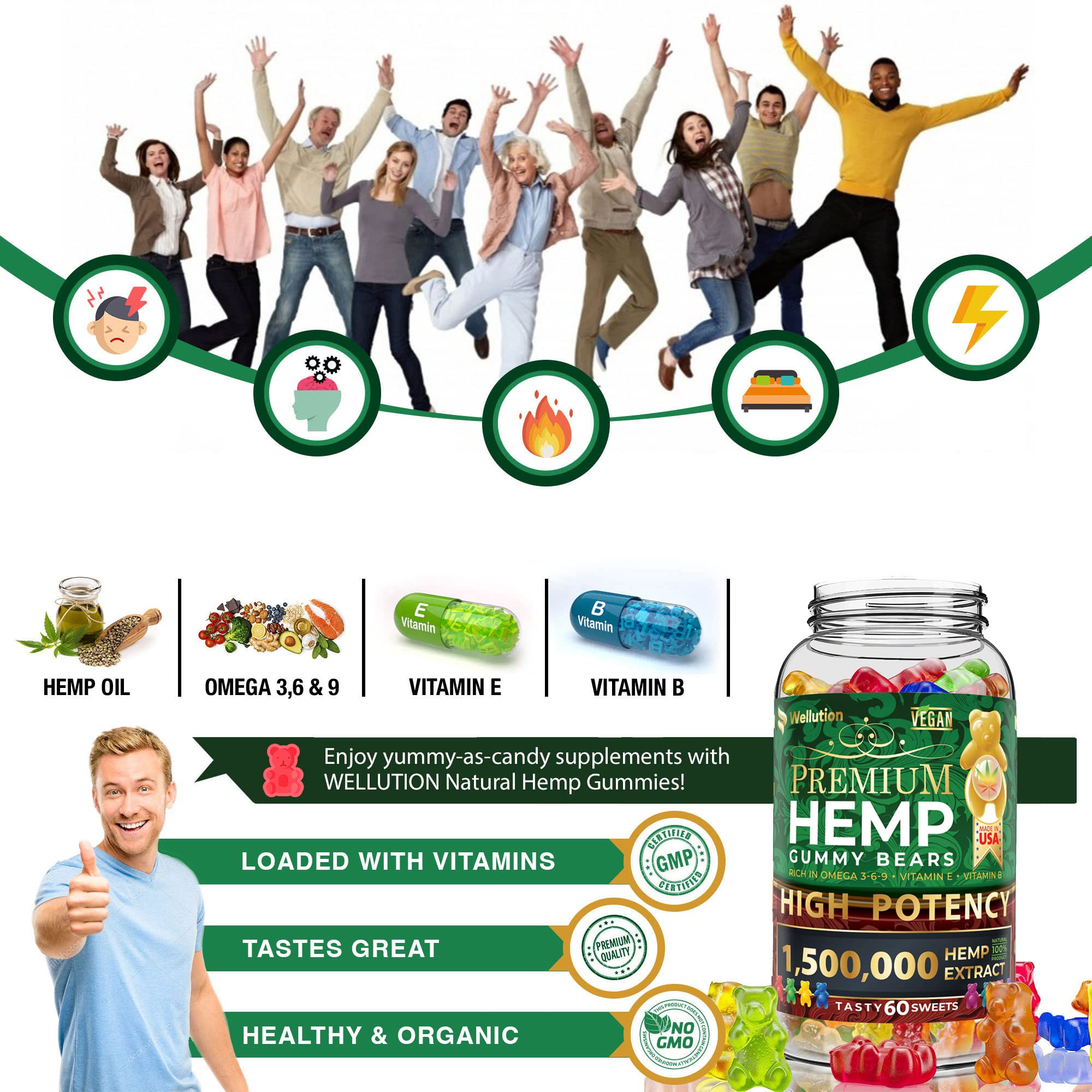 WELLUTION Hemp Gummies Omega 3-6-9 close-up of gummies