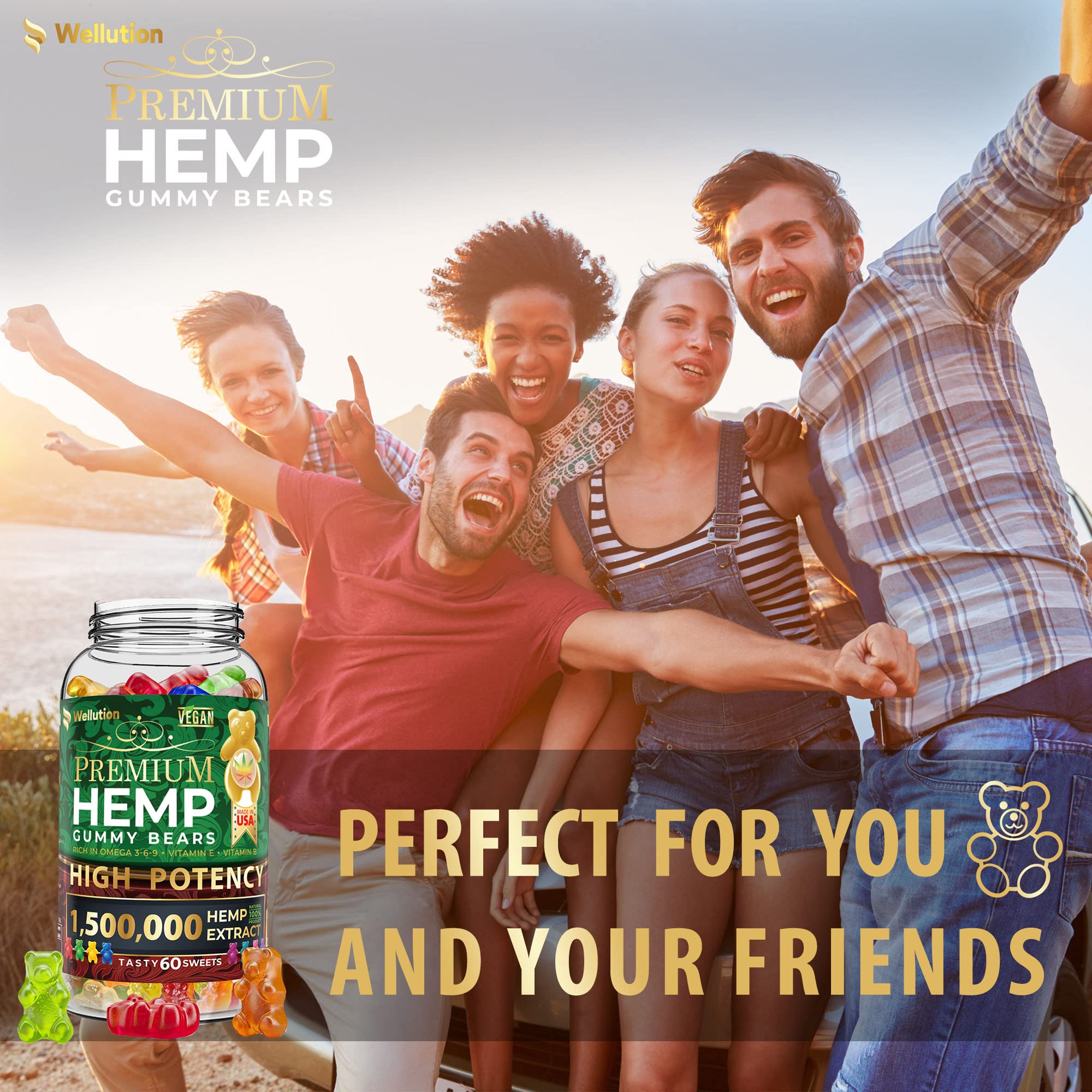 WELLUTION Hemp Gummies Omega 3-6-9 in a bowl with fruits