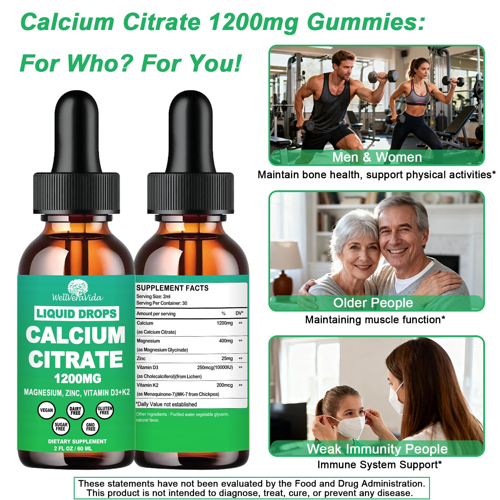 WellVeraVida Calcium Citrate Supplement 1200mg with Vitamin D3 and K2 ingredients