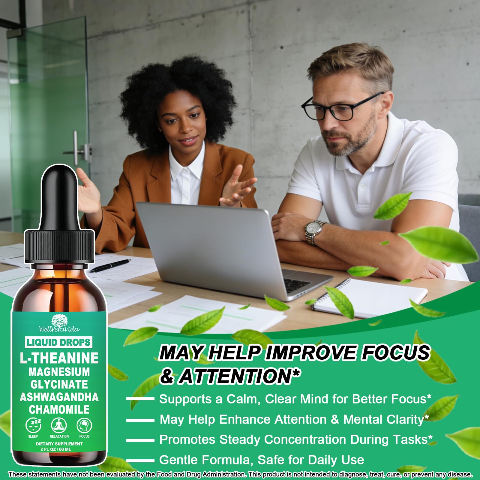 WellVeraVida L-Theanine Liquid Drops alongside tea