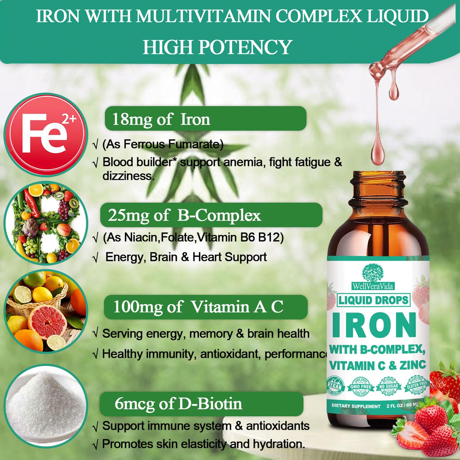 WellVeraVida Liquid Iron Supplement bottle side view