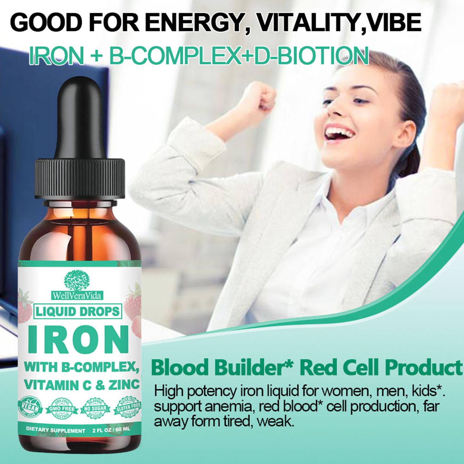 WellVeraVida Liquid Iron Supplement with two droppers for easy dosage