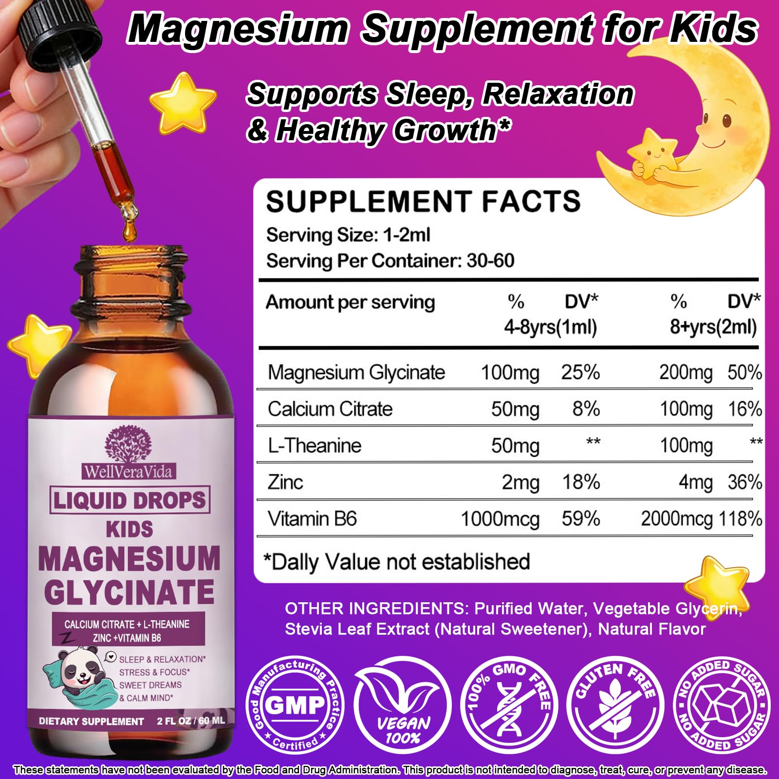 WellVeraVida Magnesium Glycinate Drops for Kids back view with ingredients