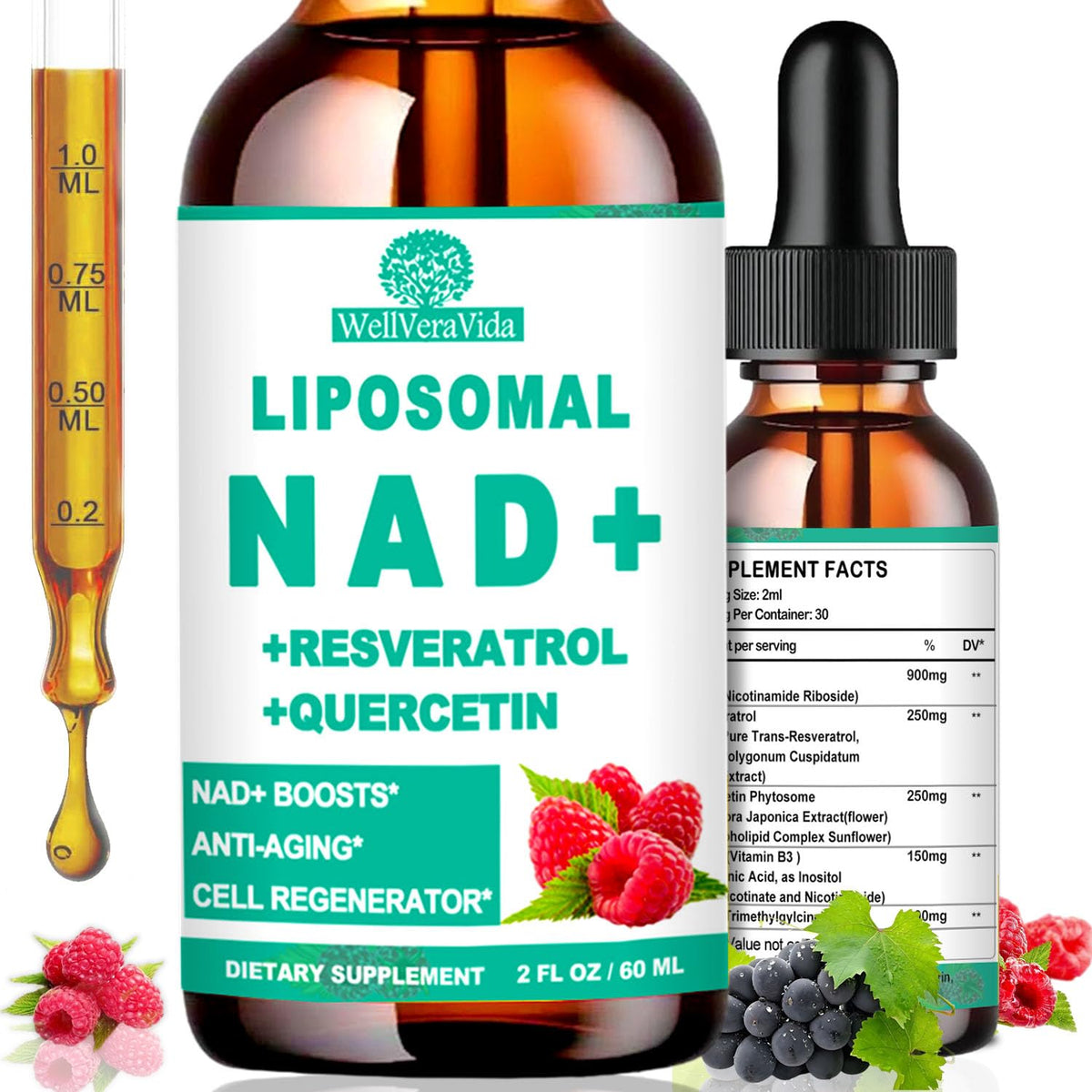 WellVeraVida NAD Plus Liquid Drops 900mg bottle front view